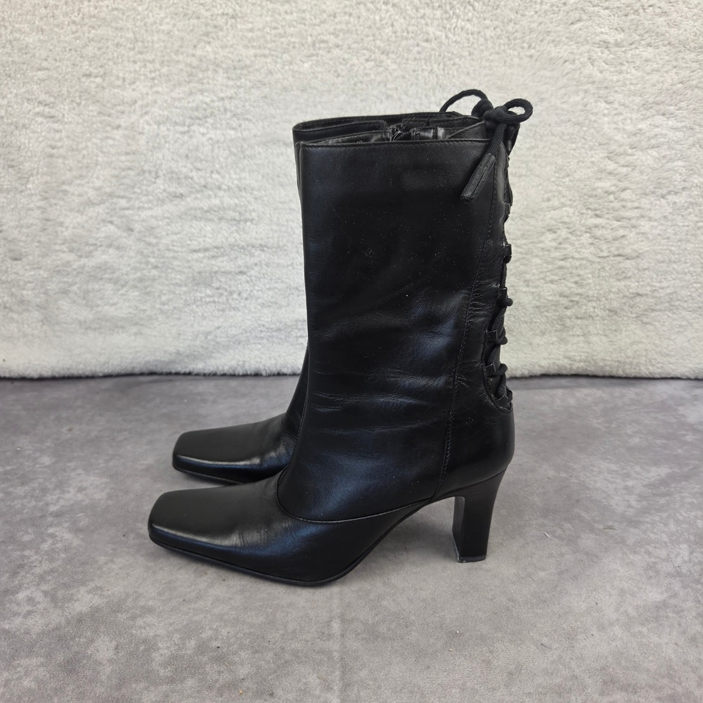 Black Leather Square Toe Lace Up Back Mid Calf Boots with Tassels Heel 7